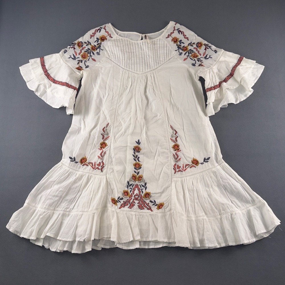 Free People Pavlo Dress White Embroidered Boho Ruffle Mini Peasant M